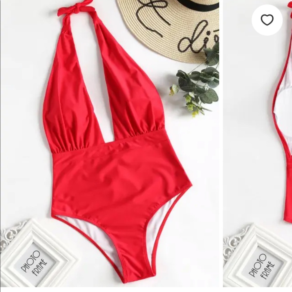 Red low cut one piece bikini